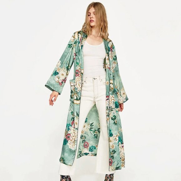 Floral Green Print Long Kimono Jacket Coat Women's - Picture 2 of 16